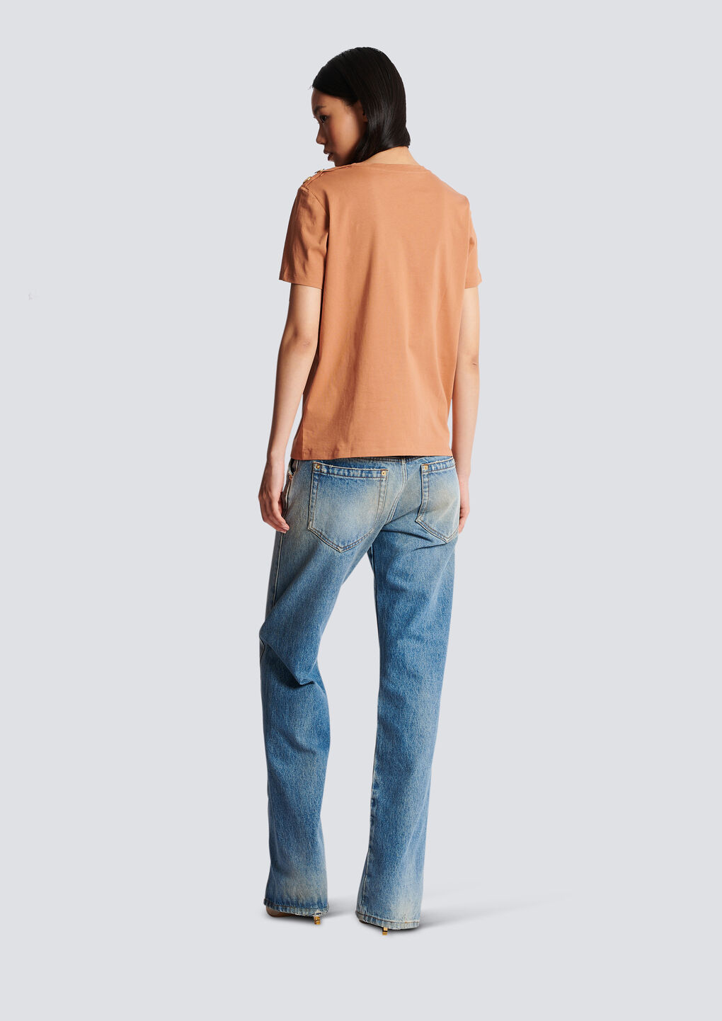 Shop Balmain Buttoned Printed Logo T-shirt In Nude