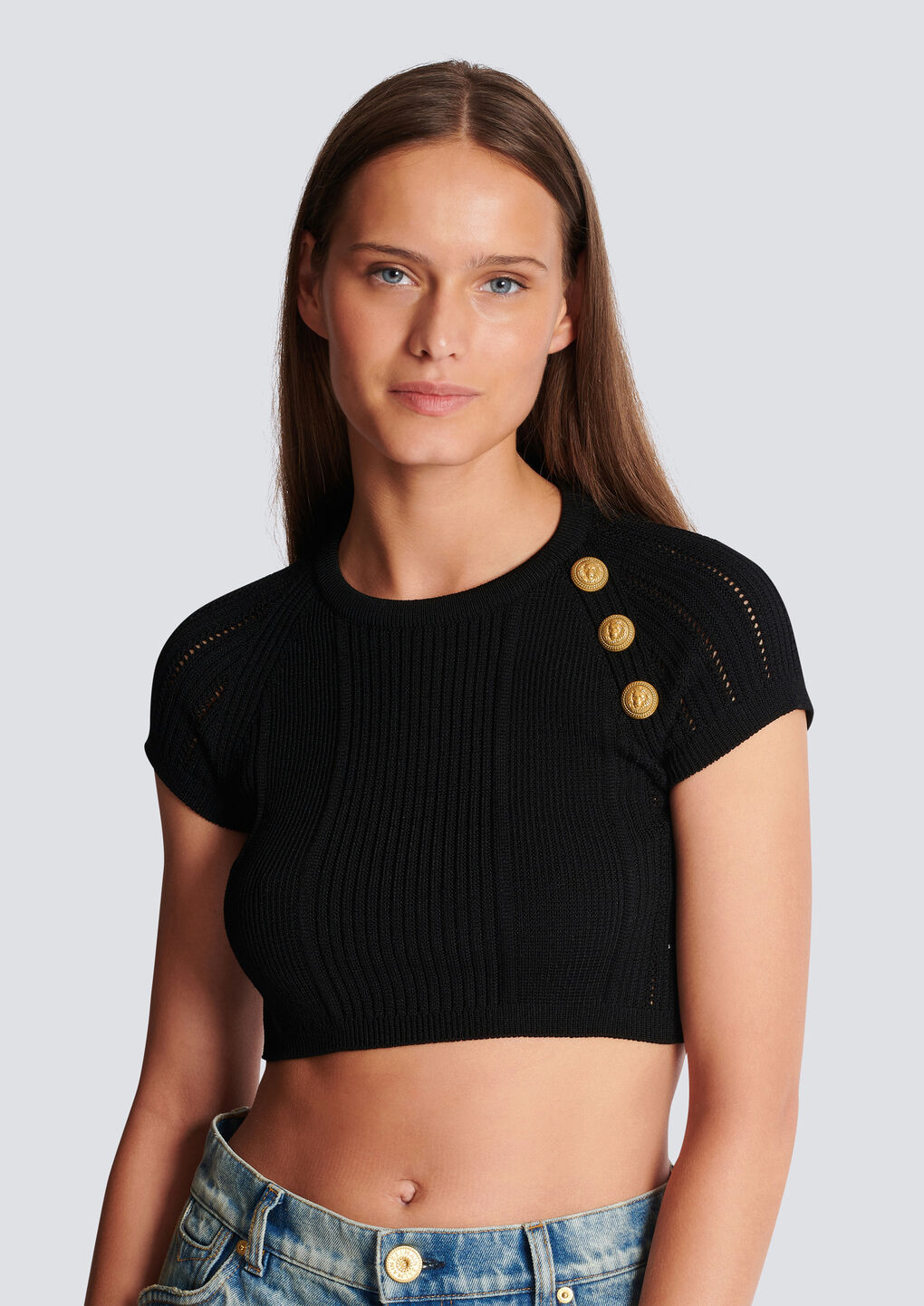 Balmain 3-button Fine Knitted T-shirt In Black