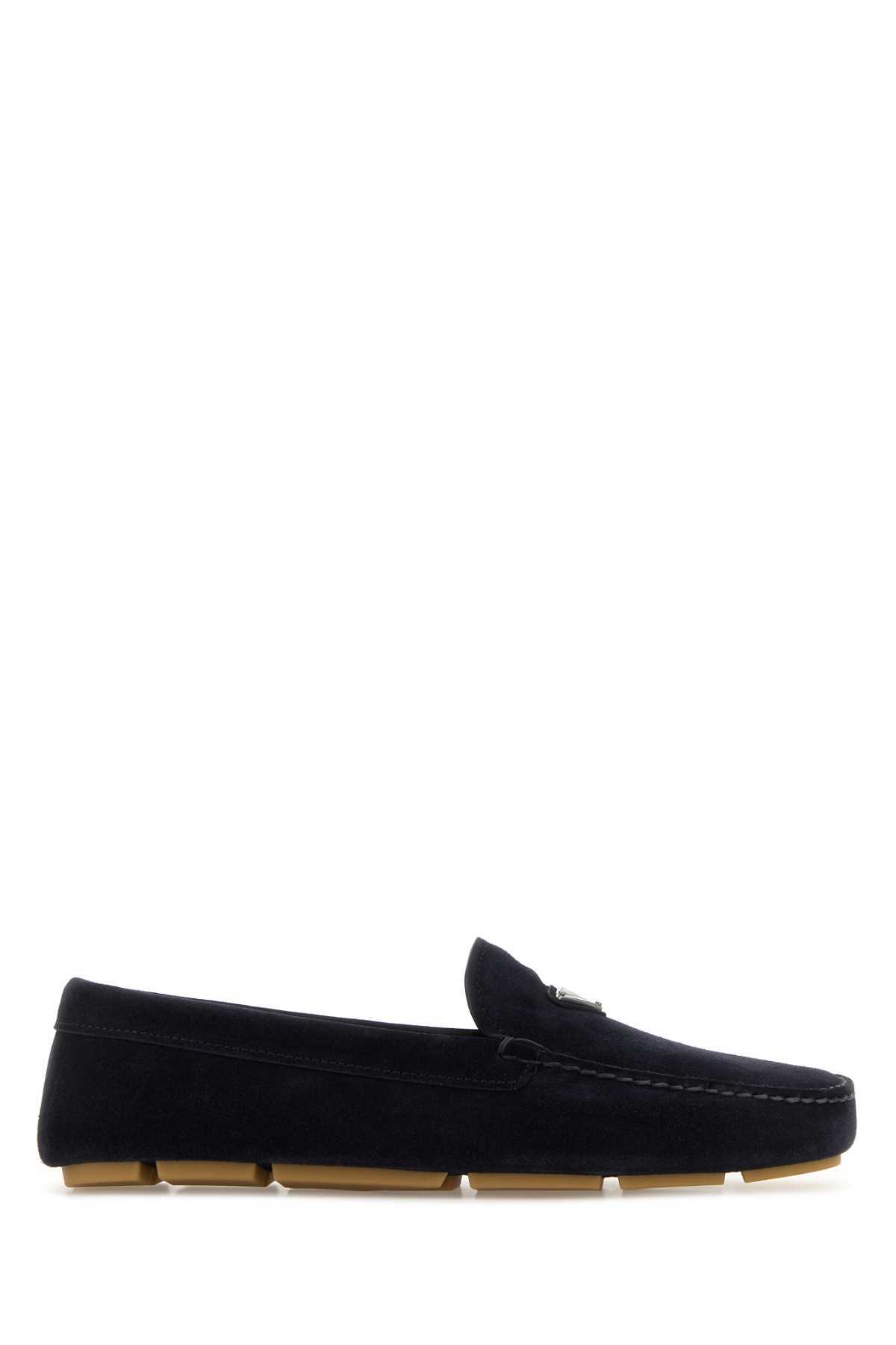 Prada Enamel-triangle-logo Suede Loafers In Blue
