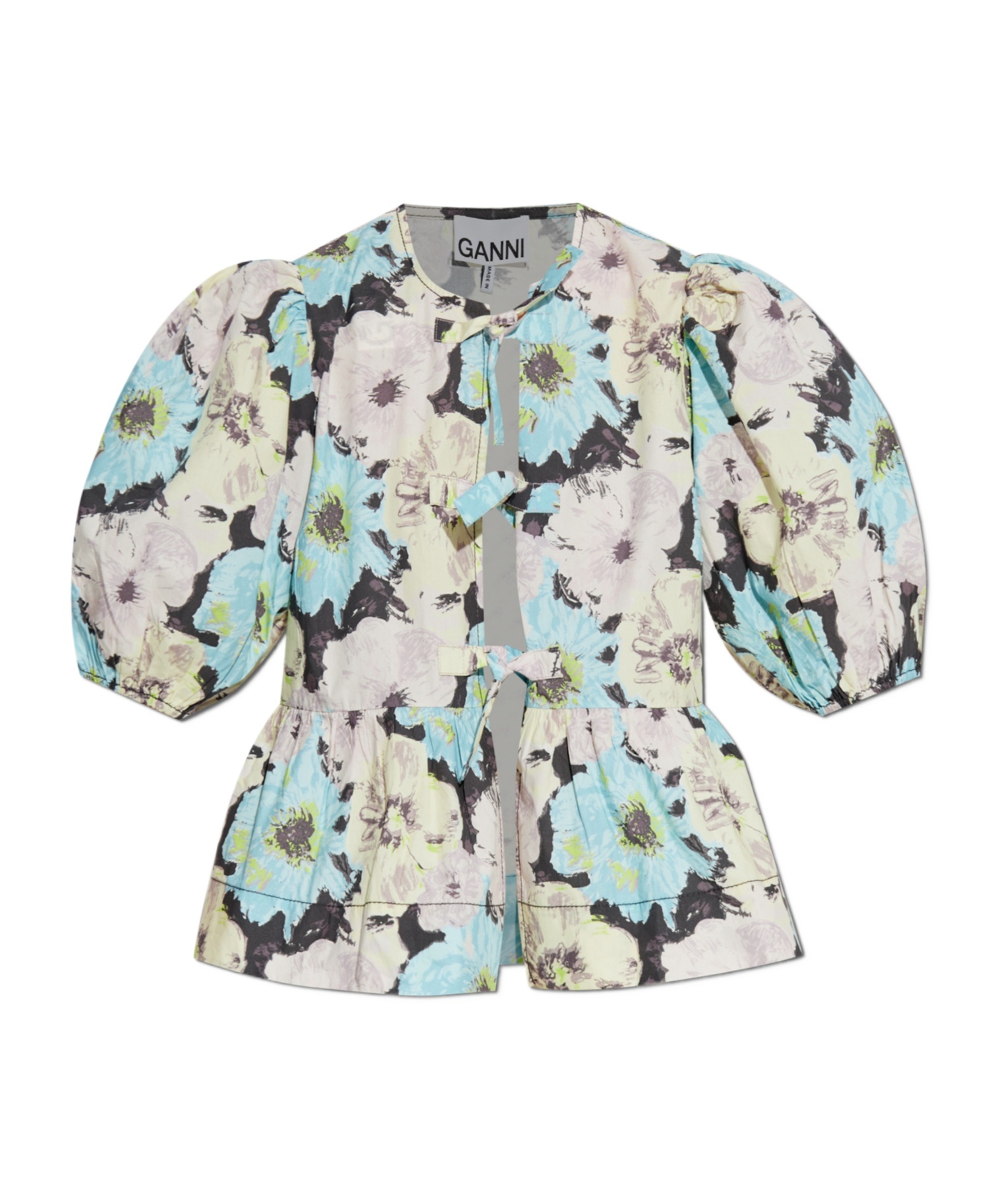 Ganni Floral Printed Cotton Peplum Blouse In White