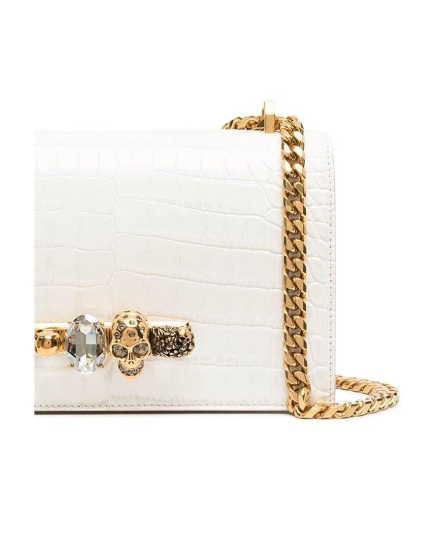 Alexander Mcqueen Mini Jeweled Croc Embossed Leather Satchel In White
