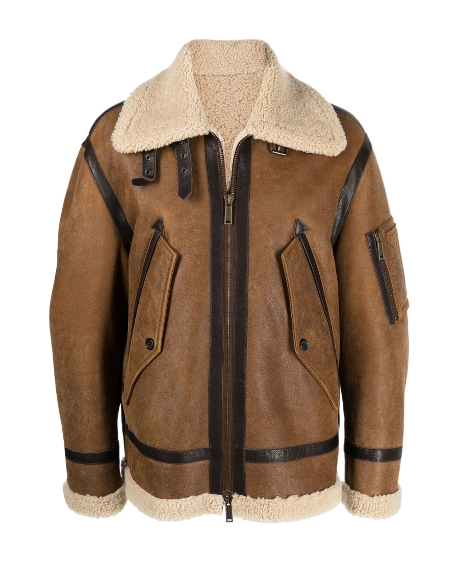 Dsquared2 Shearling-trimmed Biker Jacket In Brown