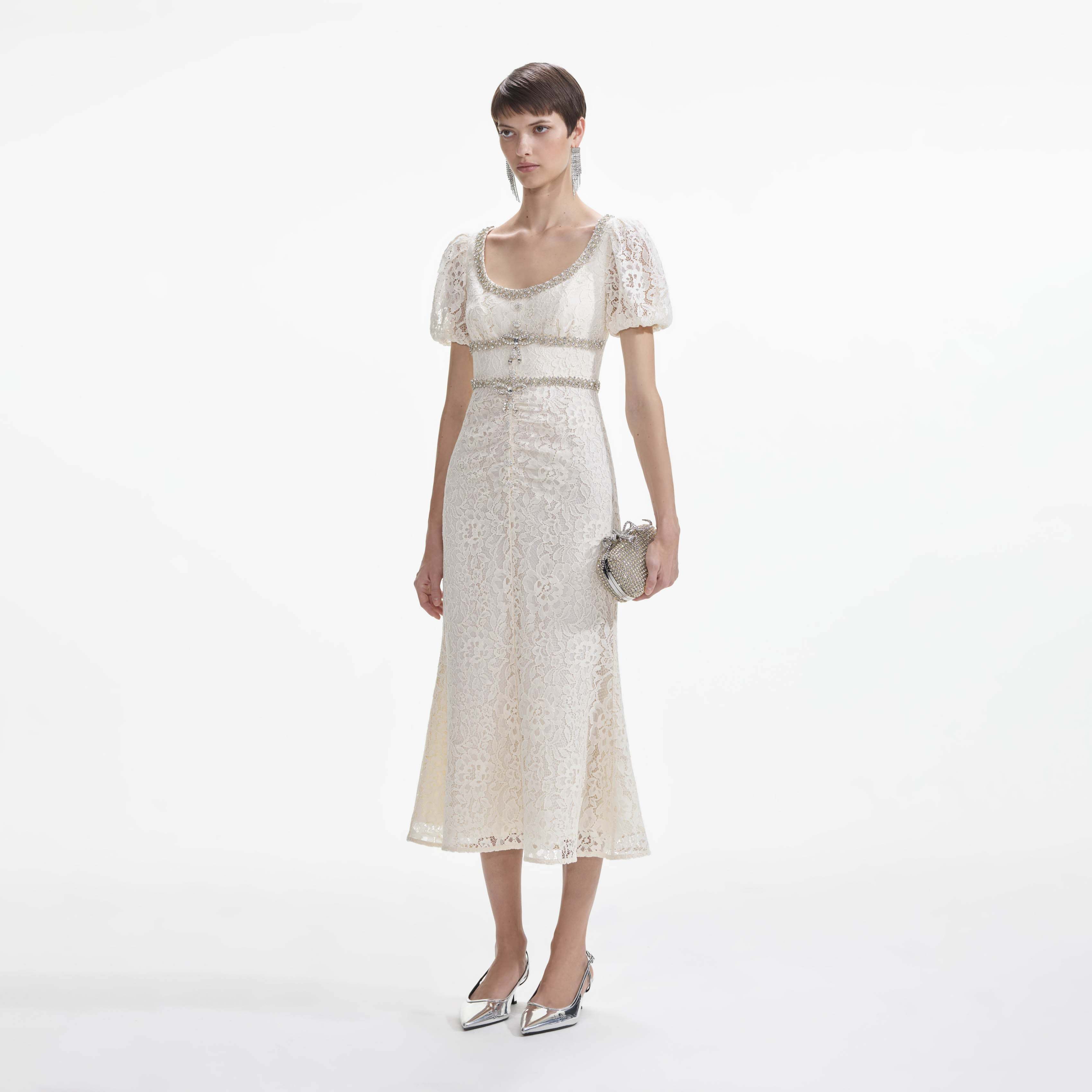 Self-portrait Lace-trimmed Mid-length Dress In White