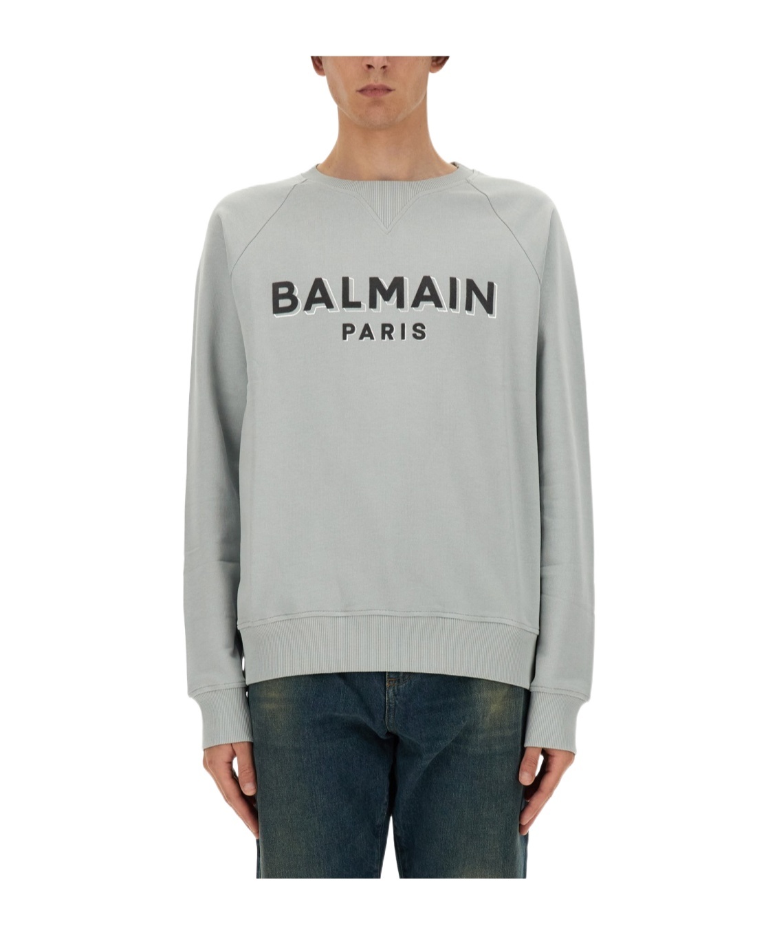 Balmain Logo-flocked Cotton Sweatshirt In Gray