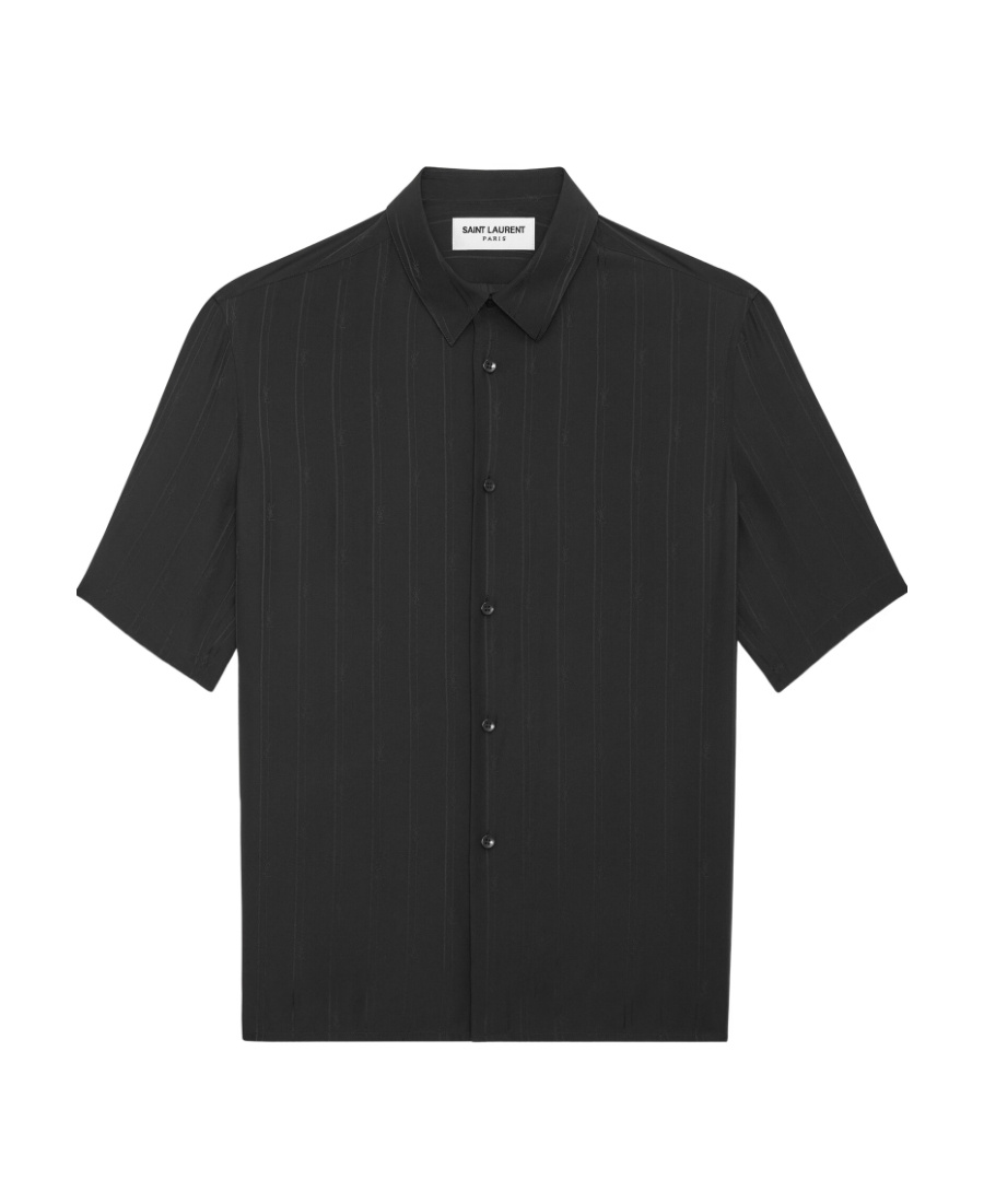 Saint Laurent Tonal Stripe Short Sleeve Silk Button-up Shirt In Black