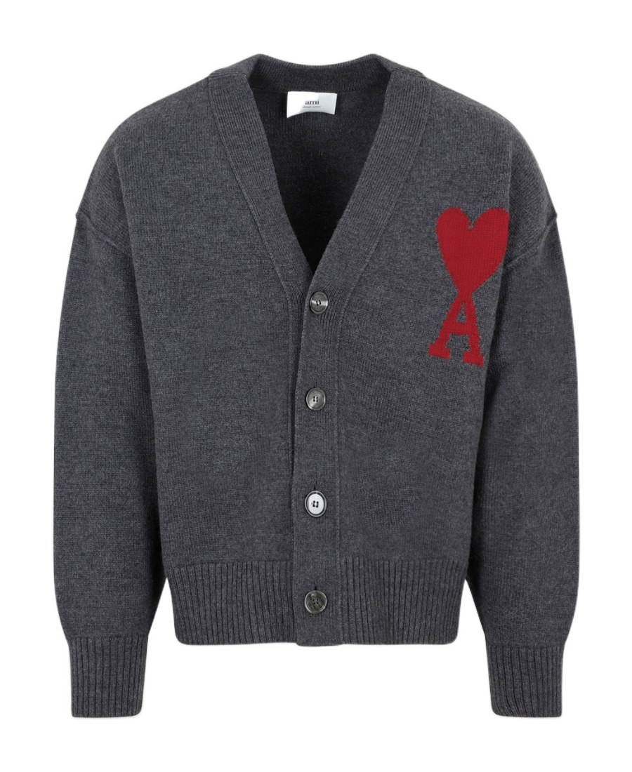 Ami Alexandre Mattiussi Heather Grey Wool Cardigan With Embroidered Logo In Gray