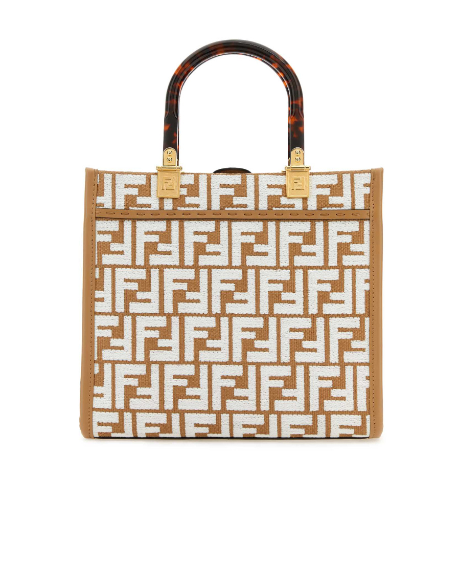 Fendi Raffia Shopper Bag With White Tapestry Fabric Ff Motif In Brown