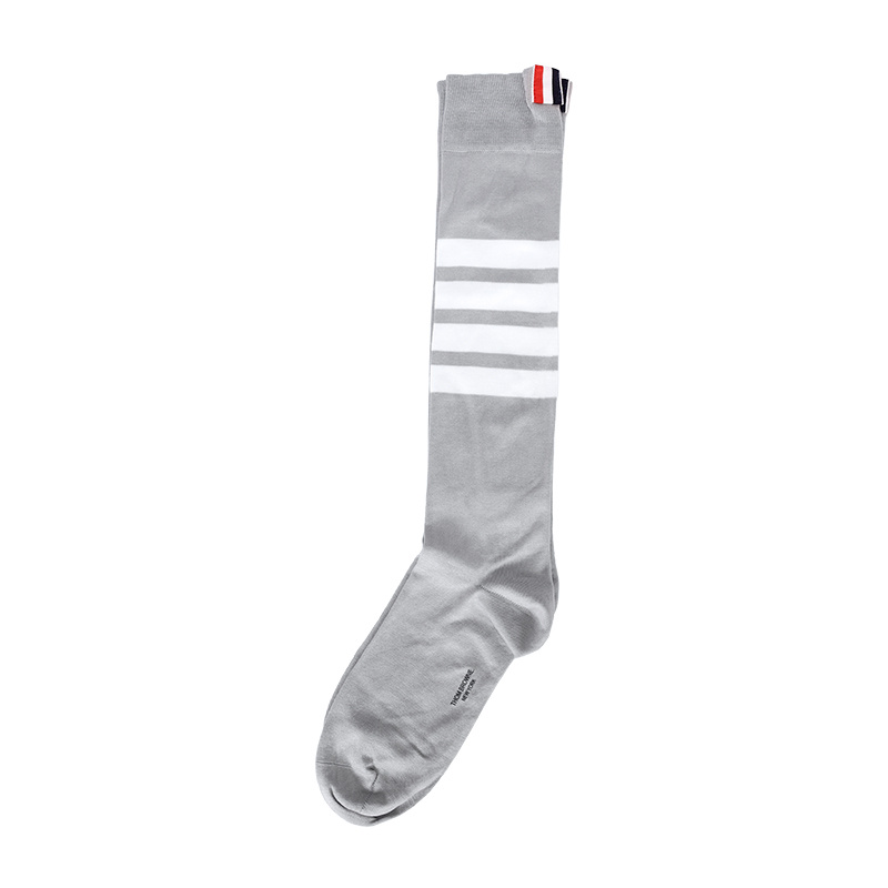 THOM BROWNE LIGHT GREY LIGHTWEIGHT COTTON OVER THE CALF 4BAR SOCK