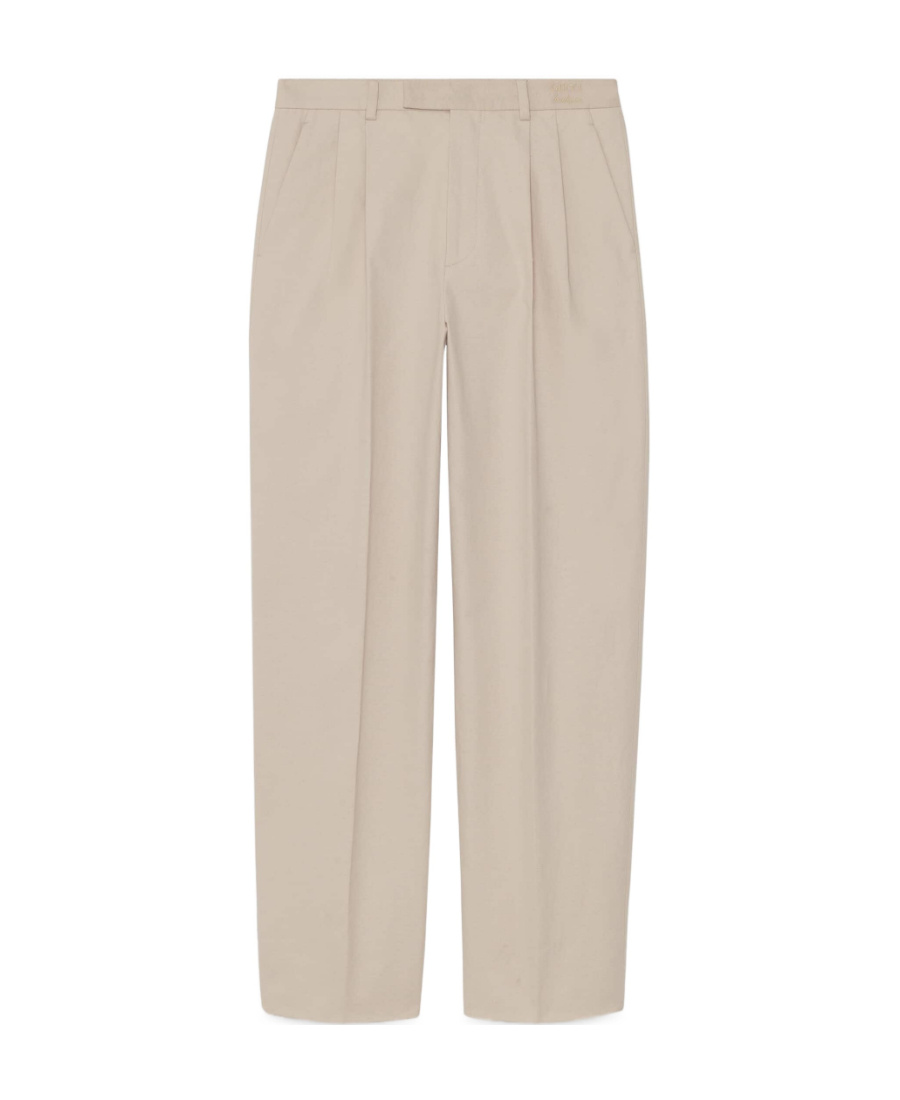 Gucci Logo-embroidered Cotton Tailored Trousers In Nude