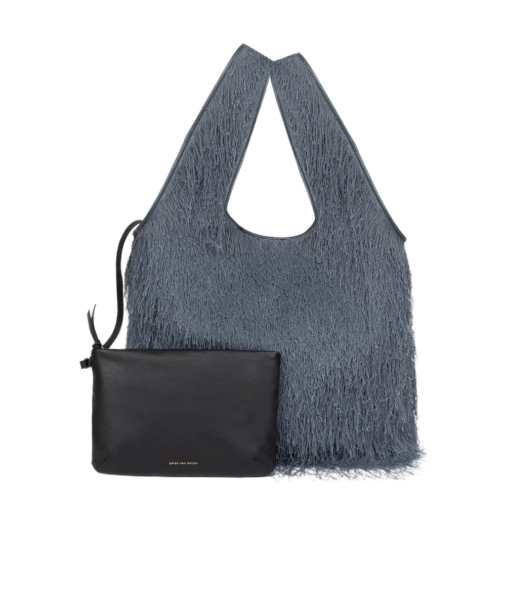 Dries Van Noten Large Fringed Tote Bag In Gray