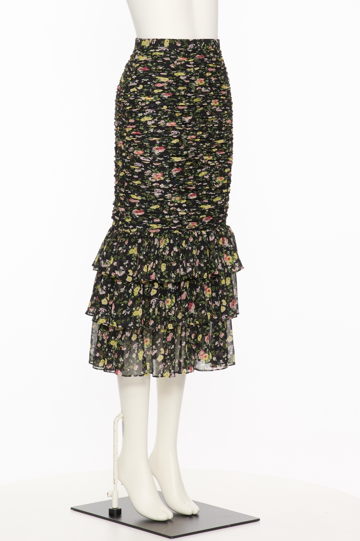 Valentino Ruched Flower Print Midi Skirt With Ruffle Hem In Black
