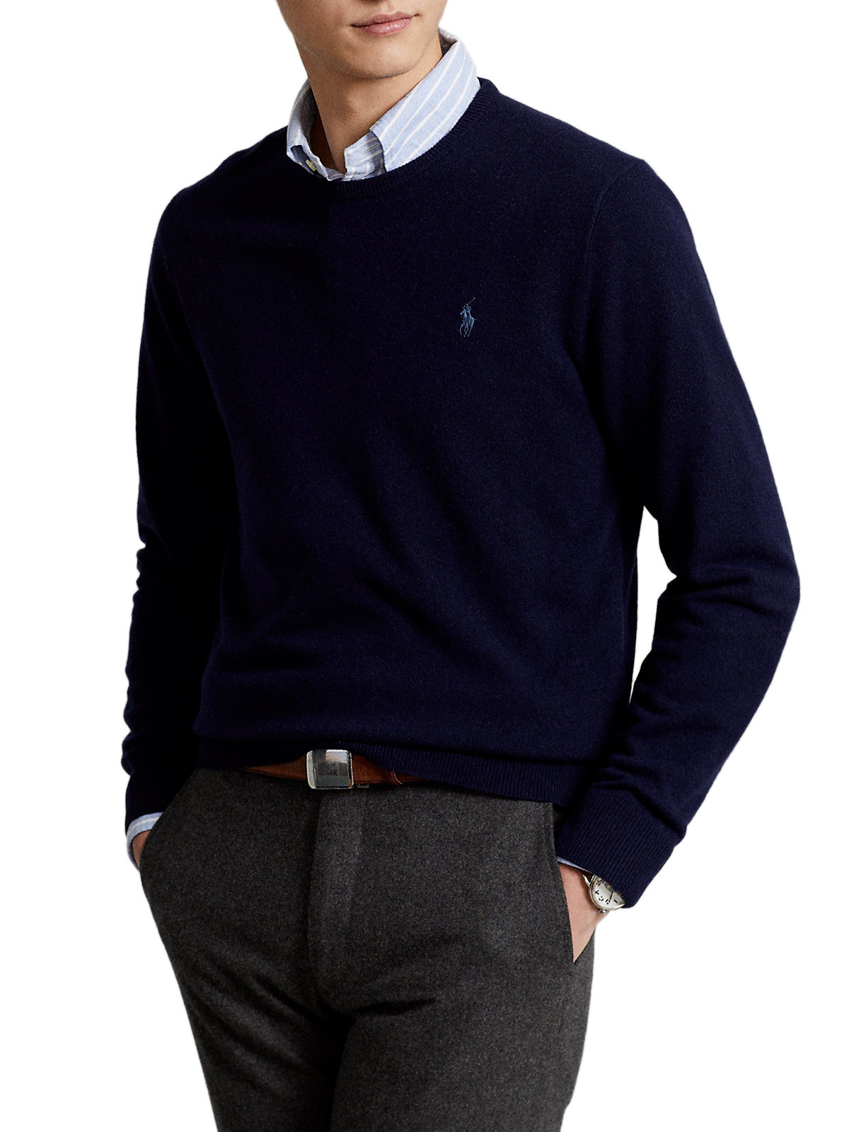 Polo Ralph Lauren Blue Crewneck Sweater With Pony Logo Embroidered On The Front In Black
