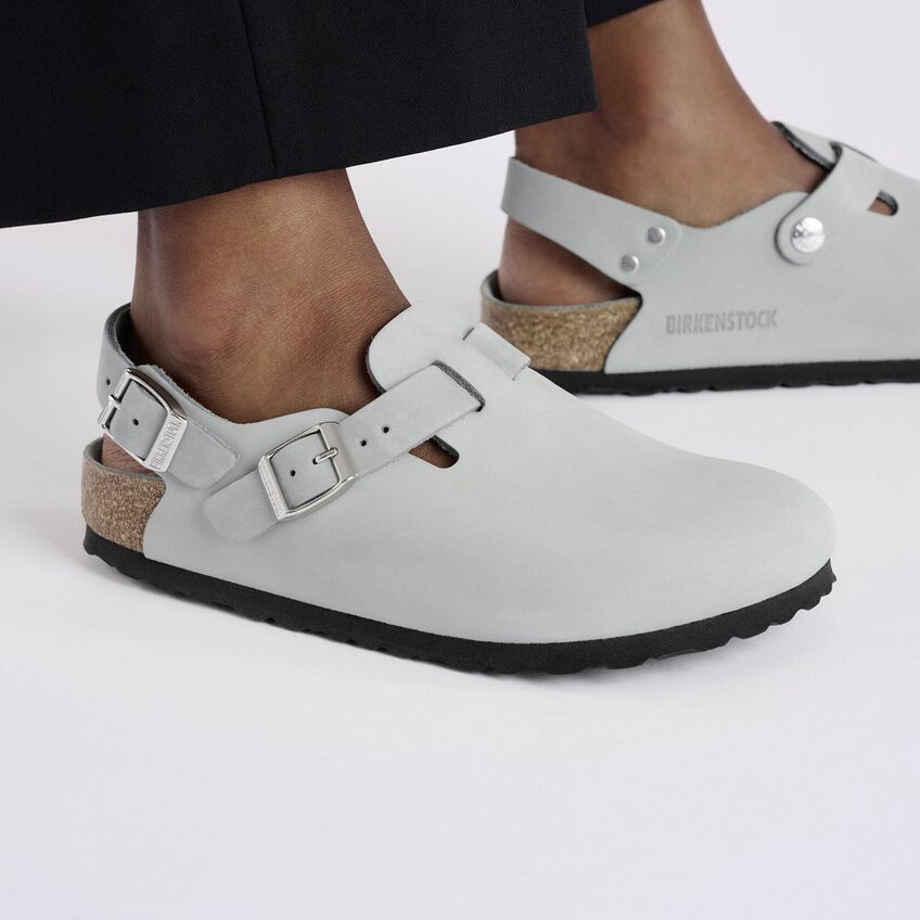 Birkenstock 'tokio' Light Blue Mules With Buckles On The Front And Back In Gray