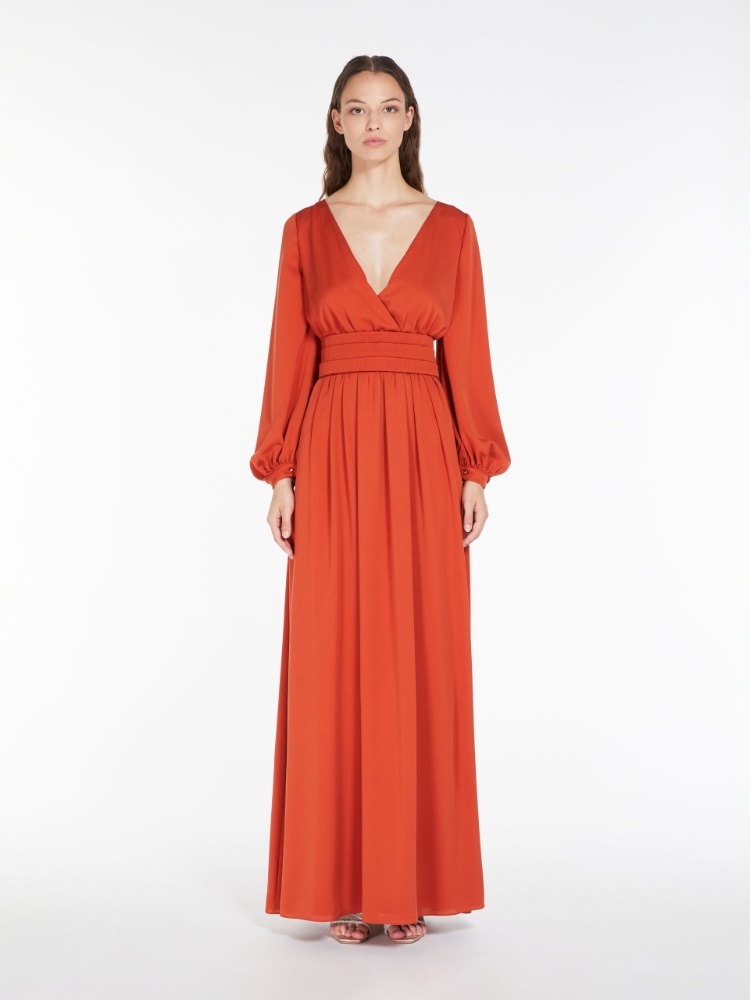 Max Mara Silk Maxi Dress With Decorative Cuffs And Waist Belt In Orange