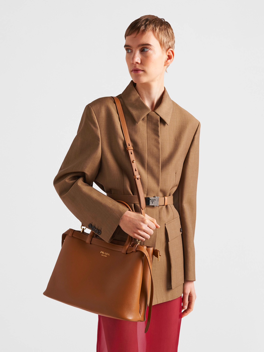 Prada Buckle Medium Leather Handbag With Double Belt In Brown