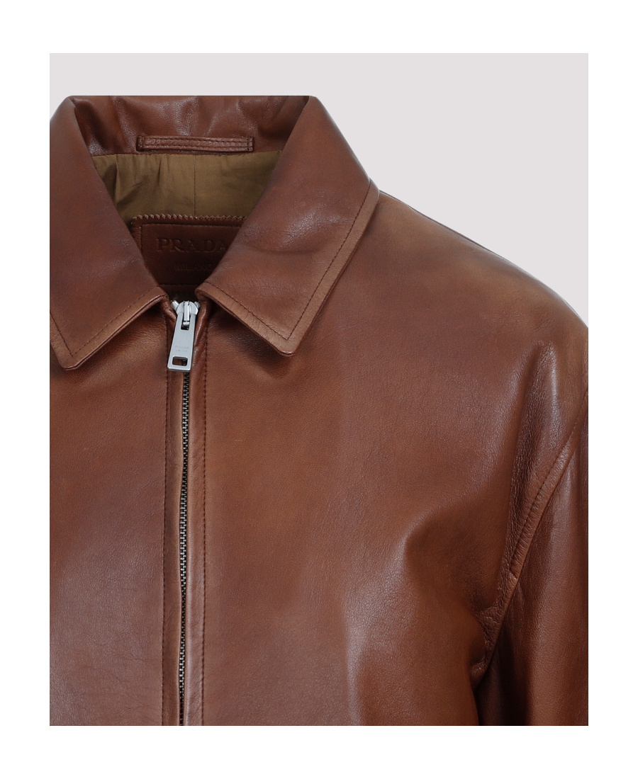 Prada Enamel-logo Leather Jacket In Brown