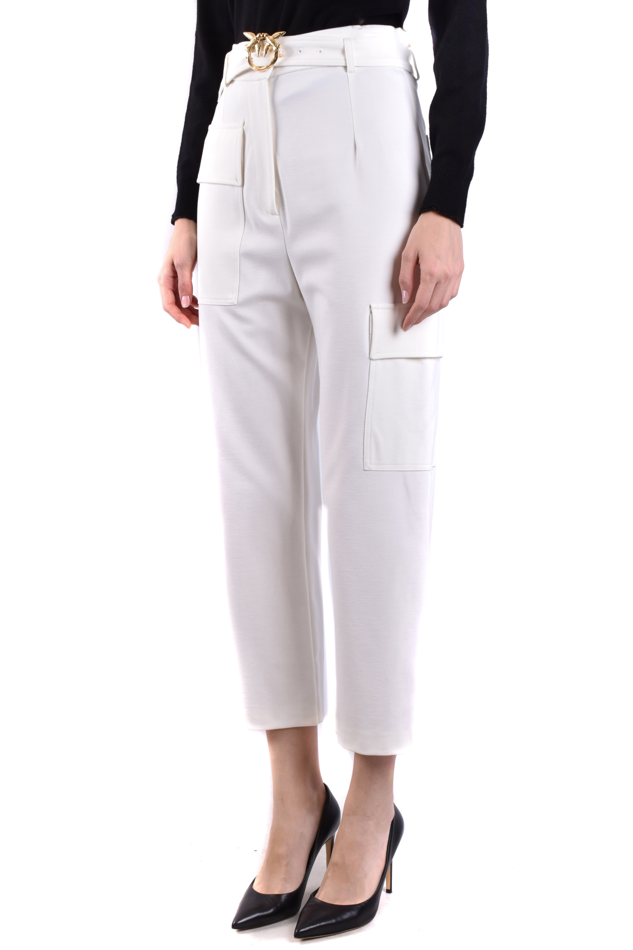 Pinko High Waist Cropped Trousers With Cargo Pockets In White