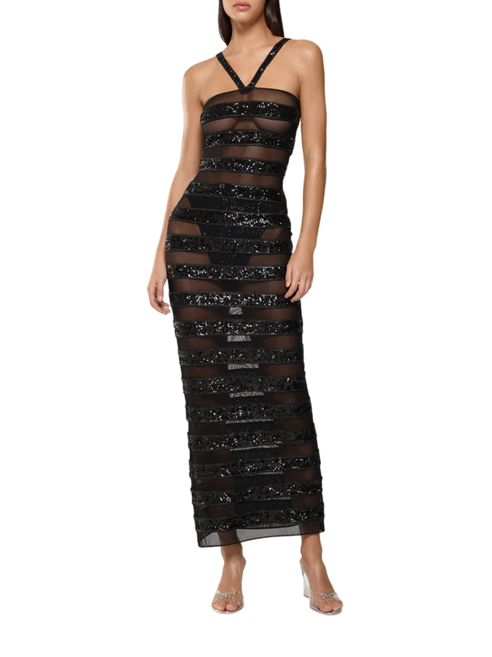 Shop Oseree Sequin-embellished Striped Maxi Dress In Black