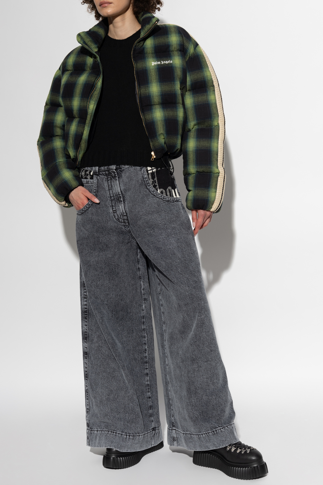 Palm Angels Check-pattern Puffer Jacket In Green