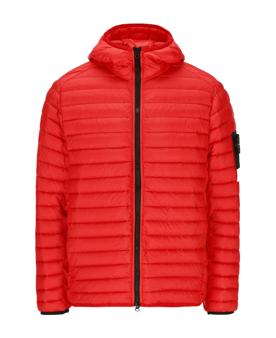 Stone Island Panelled Down Hooded Jacket In Red