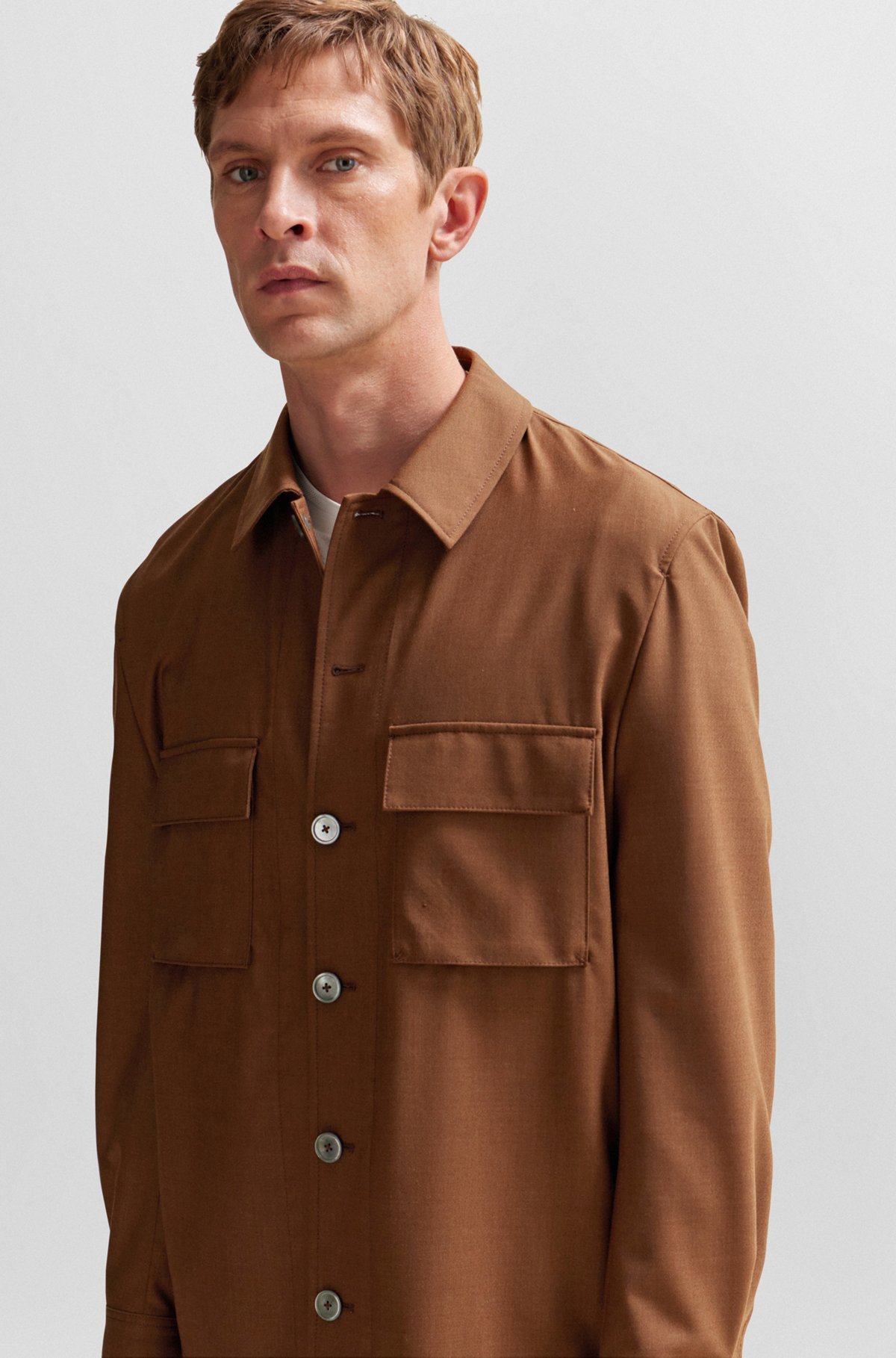 Hugo Boss Mélange-effect Shirt Jacket In Brown