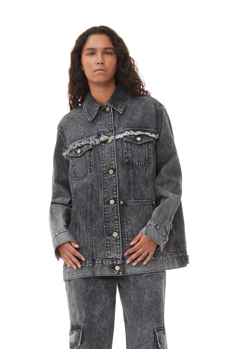 Ganni Snow Washed Denim Oversized Jacket In Black