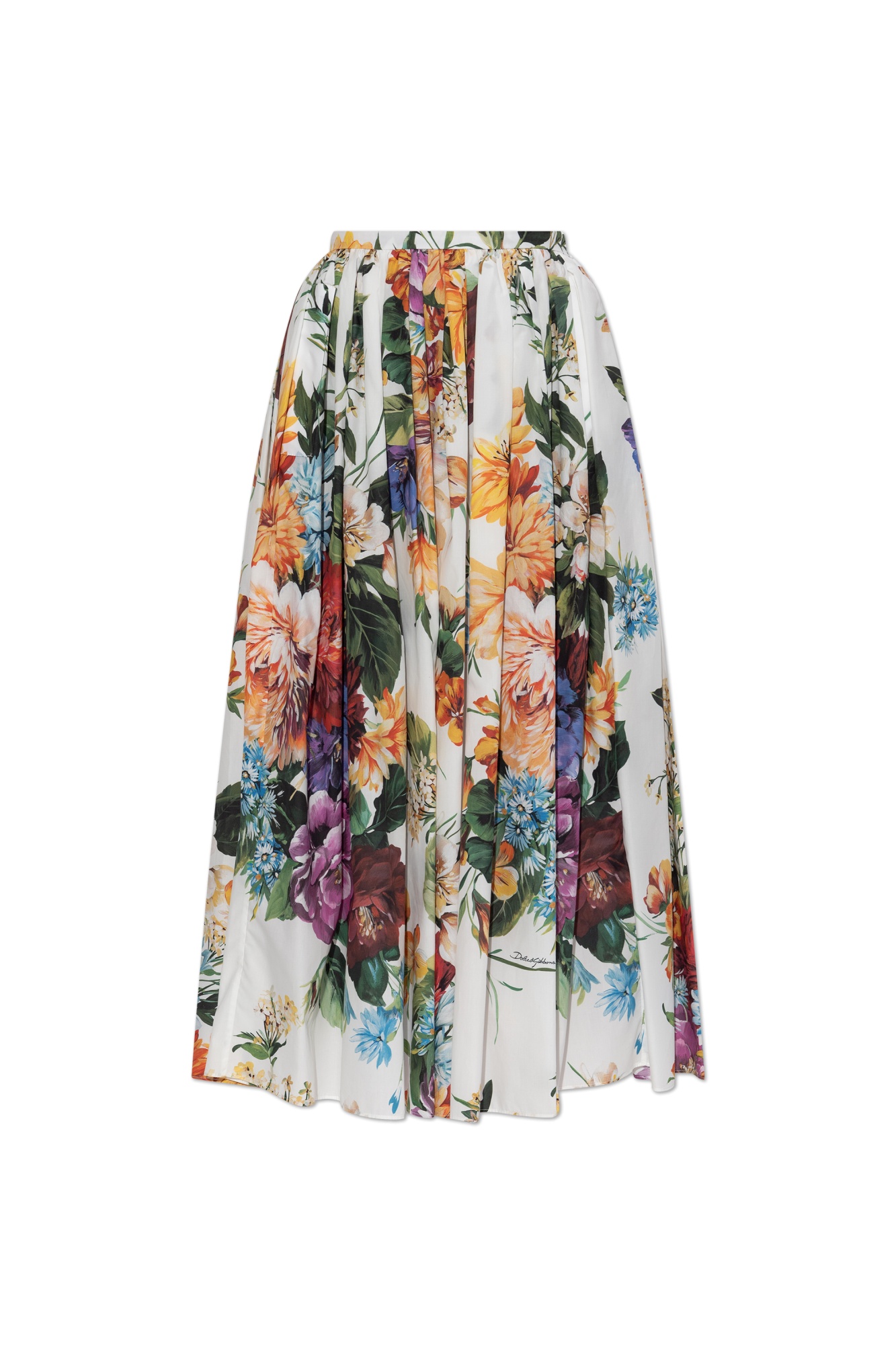 Dolce & Gabbana Flower Bouquet Pleated Popeline Midi Skirt In Multi