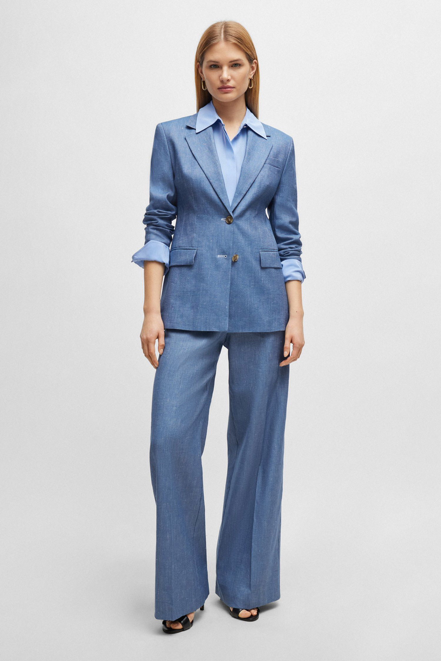 Hugo Boss Women's Single-breasted Jacket In Linen, Cotton And Stretch In Blue