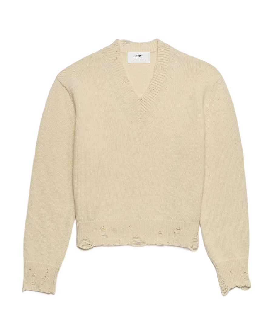 Ami Alexandre Mattiussi White Wool Ami De Coeur V Neck Sweater White In Nude
