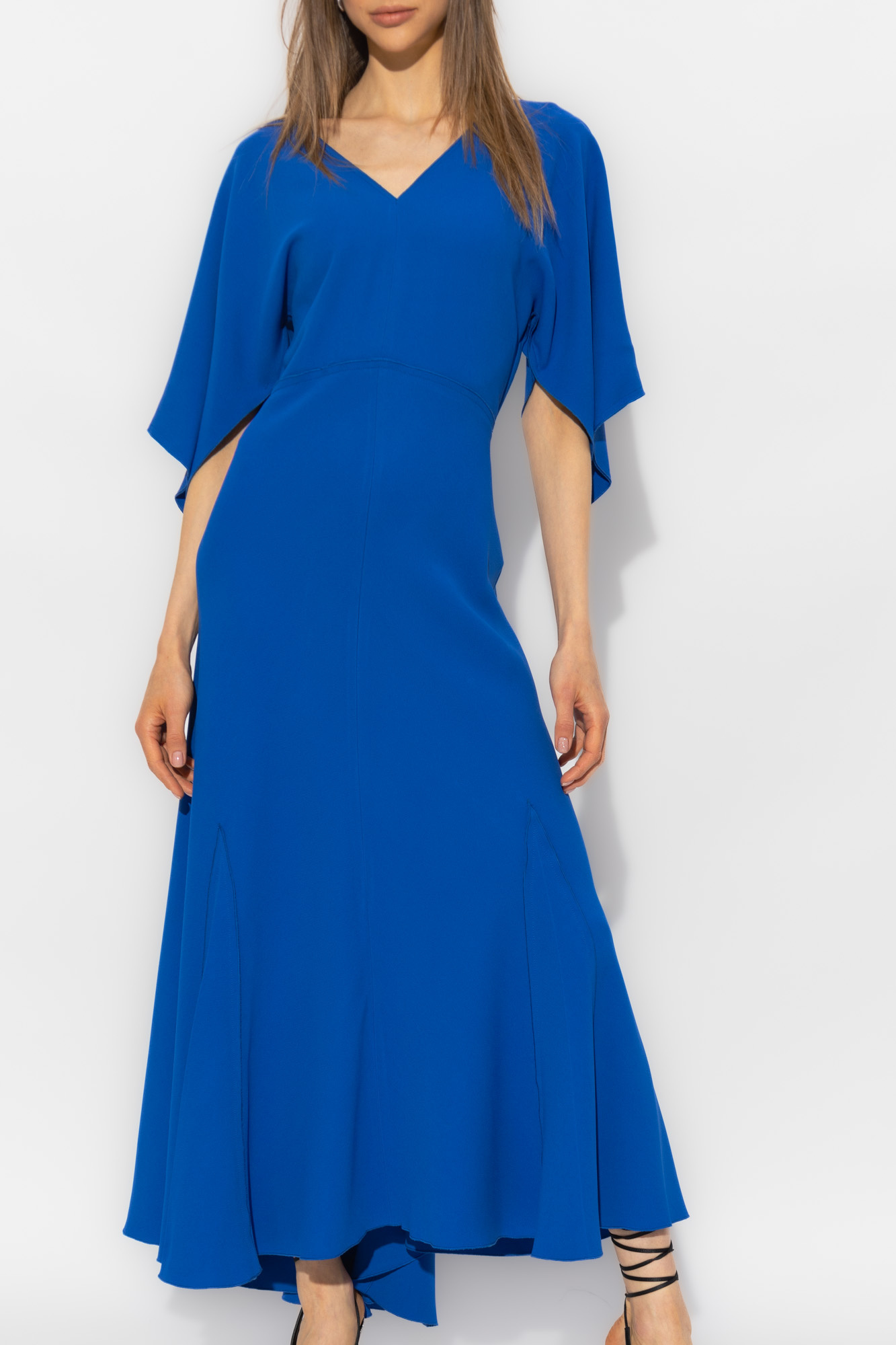 Victoria Beckham Hem Asymmetric Flared Midi V-neck Dress In Blue