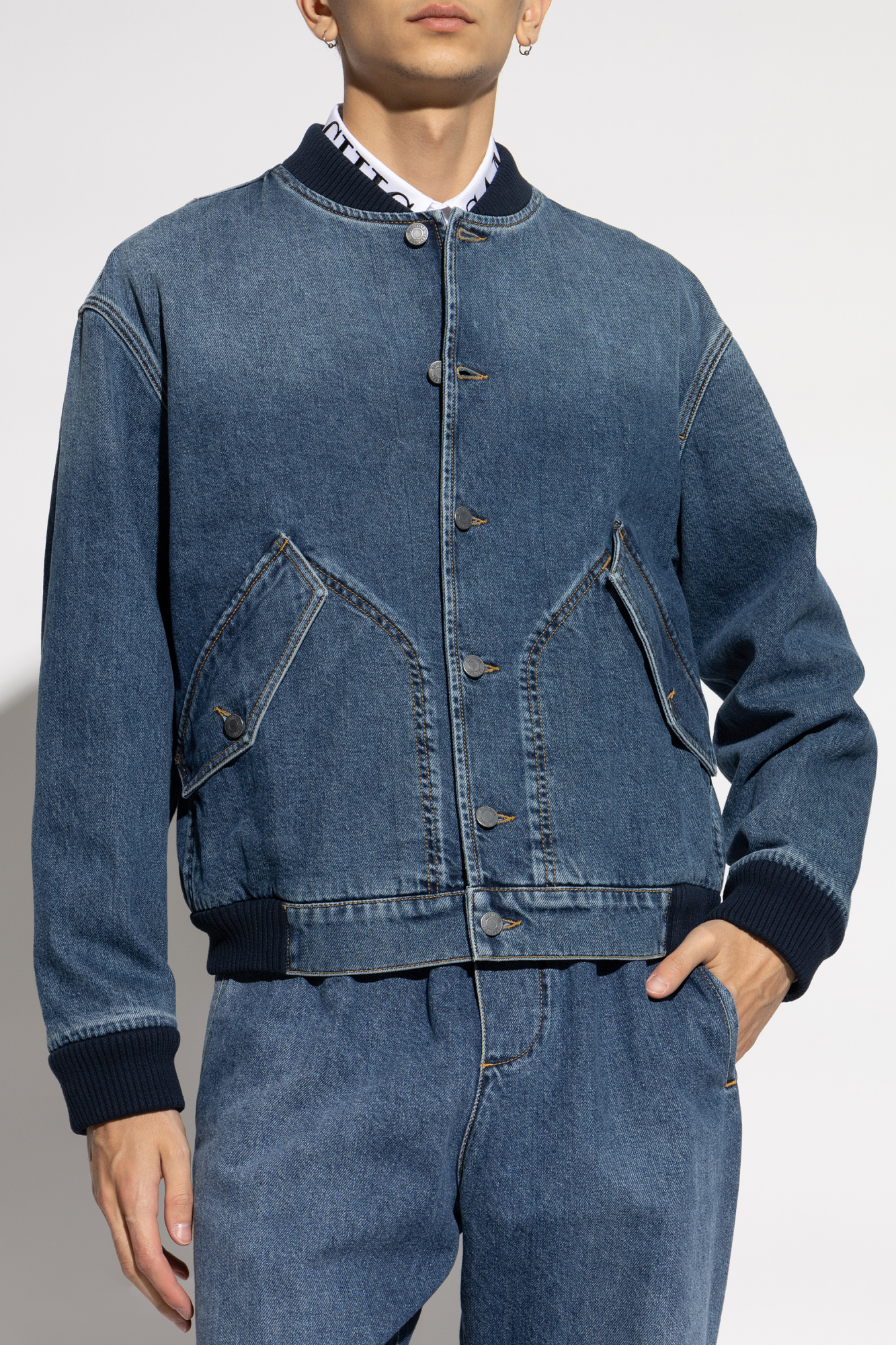 Moschino Blue Barcode Patch Denim Bomber Jacket In Blue