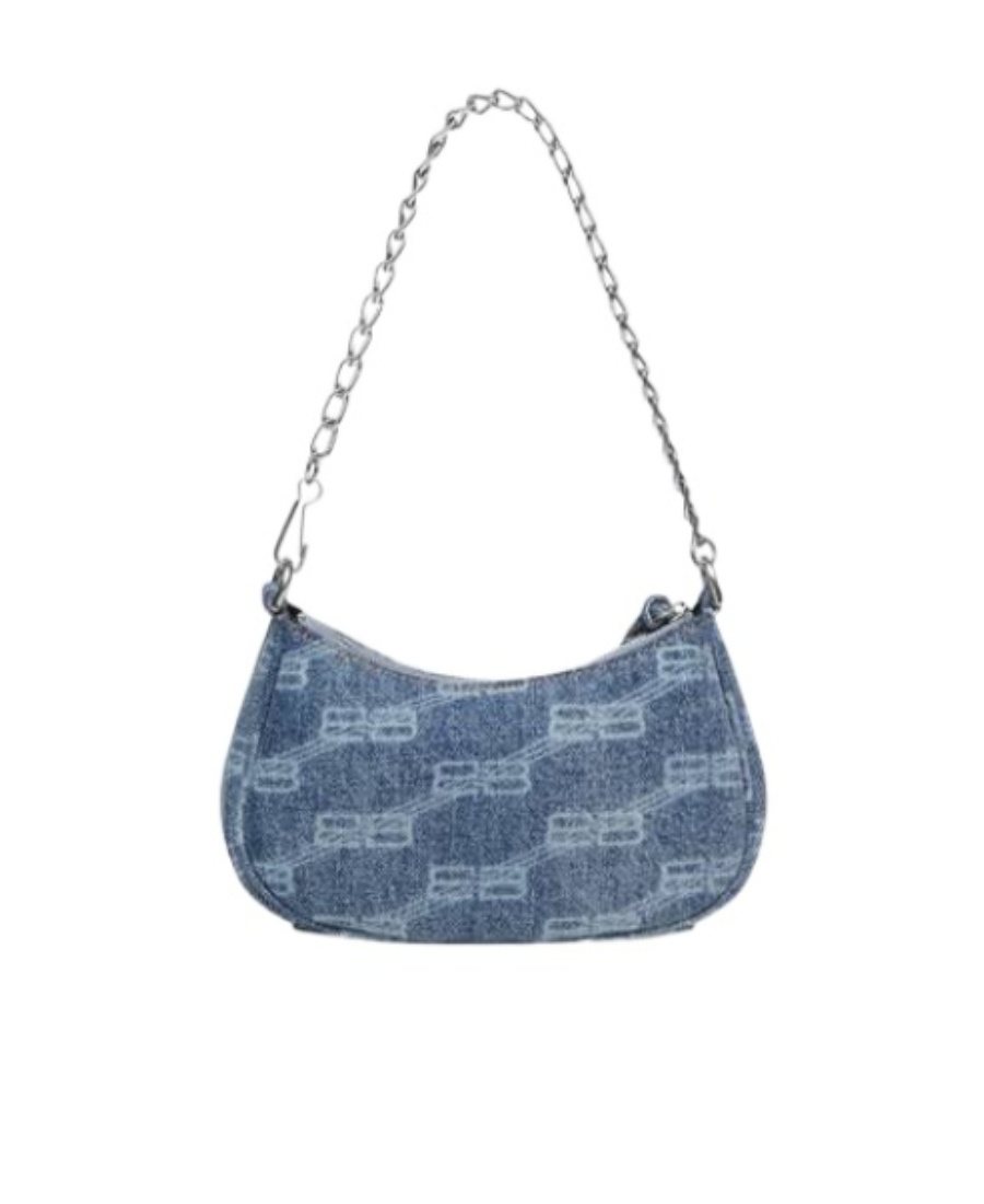 Balenciaga Le Cagole Mini Studded Printed Denim Shoulder Bag In Blue