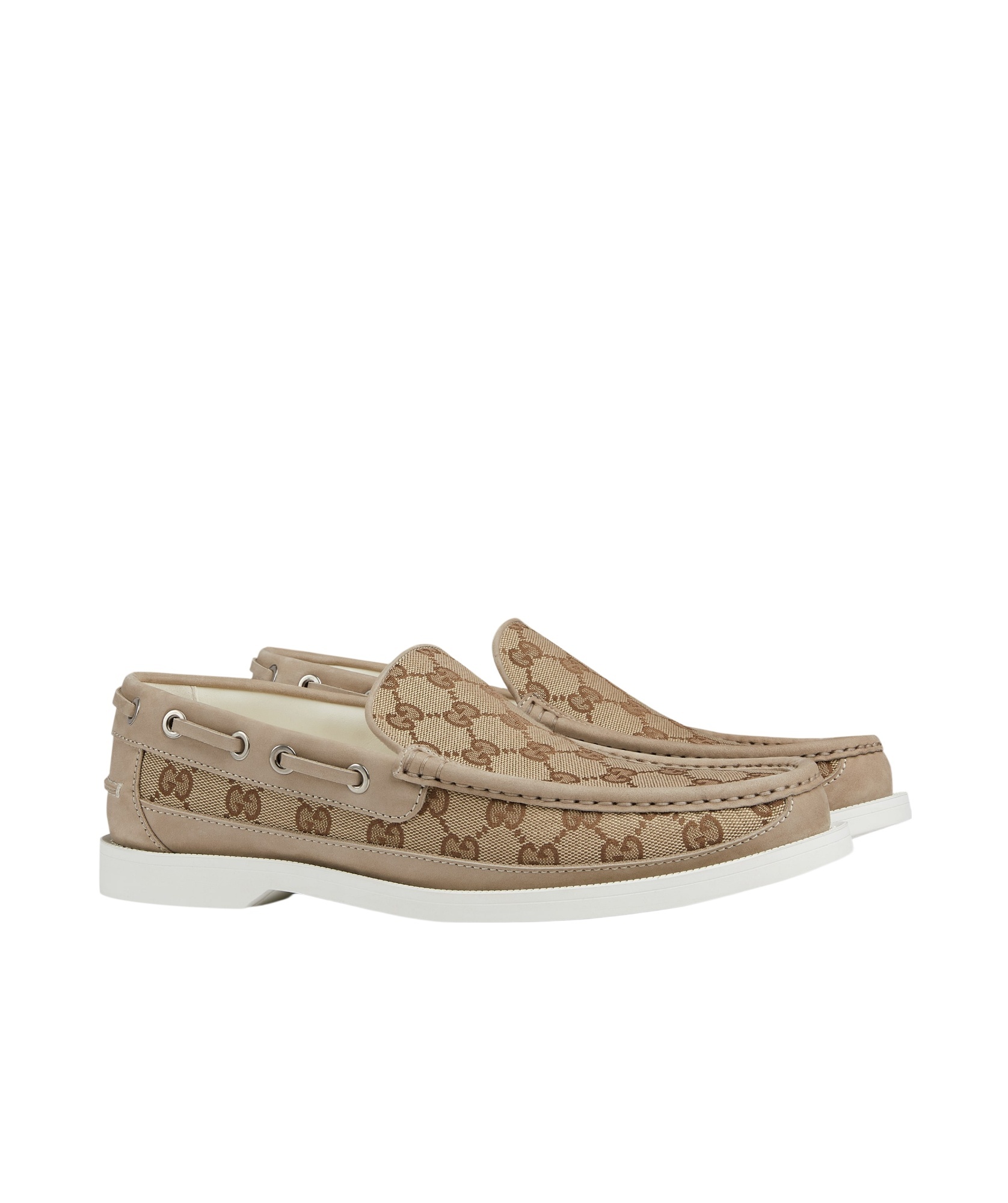 Gucci Gg Canvas Leather Loafers In Nude