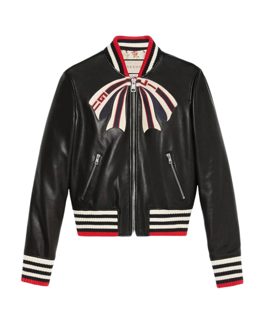 Gucci Bow Zipper Leather Jacket In Black