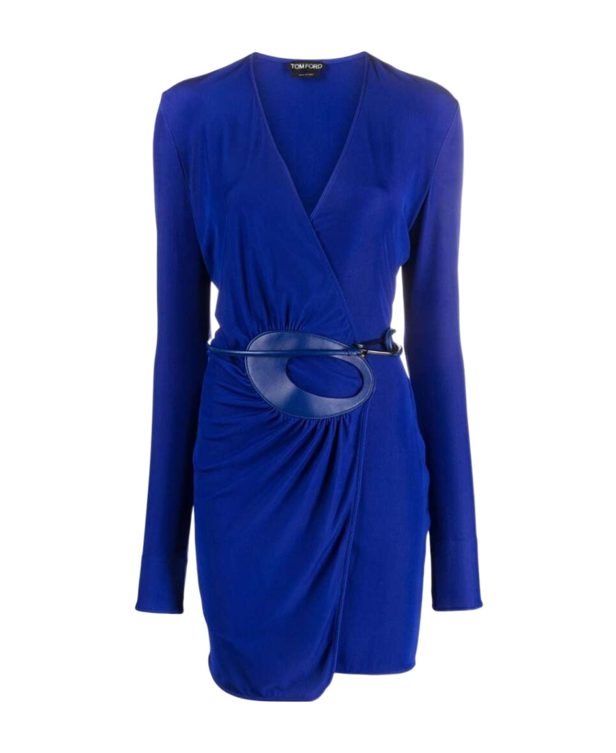 Tom Ford Plunging Leather-trim Microcosta Jersey Wrap Mini Dress In Blue