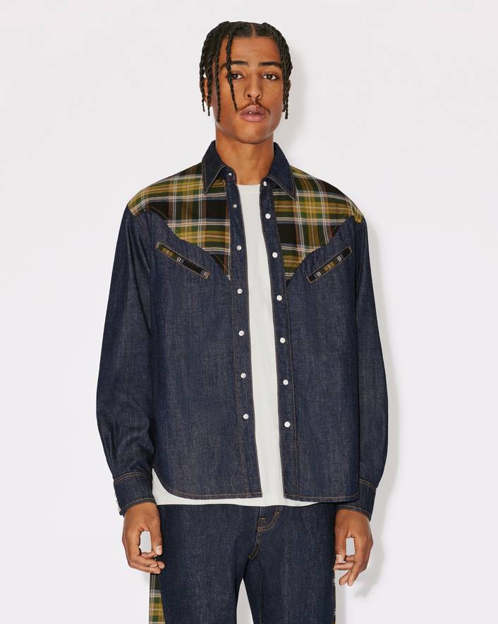 Kenzo Checked-panel Denim Shirt In Black