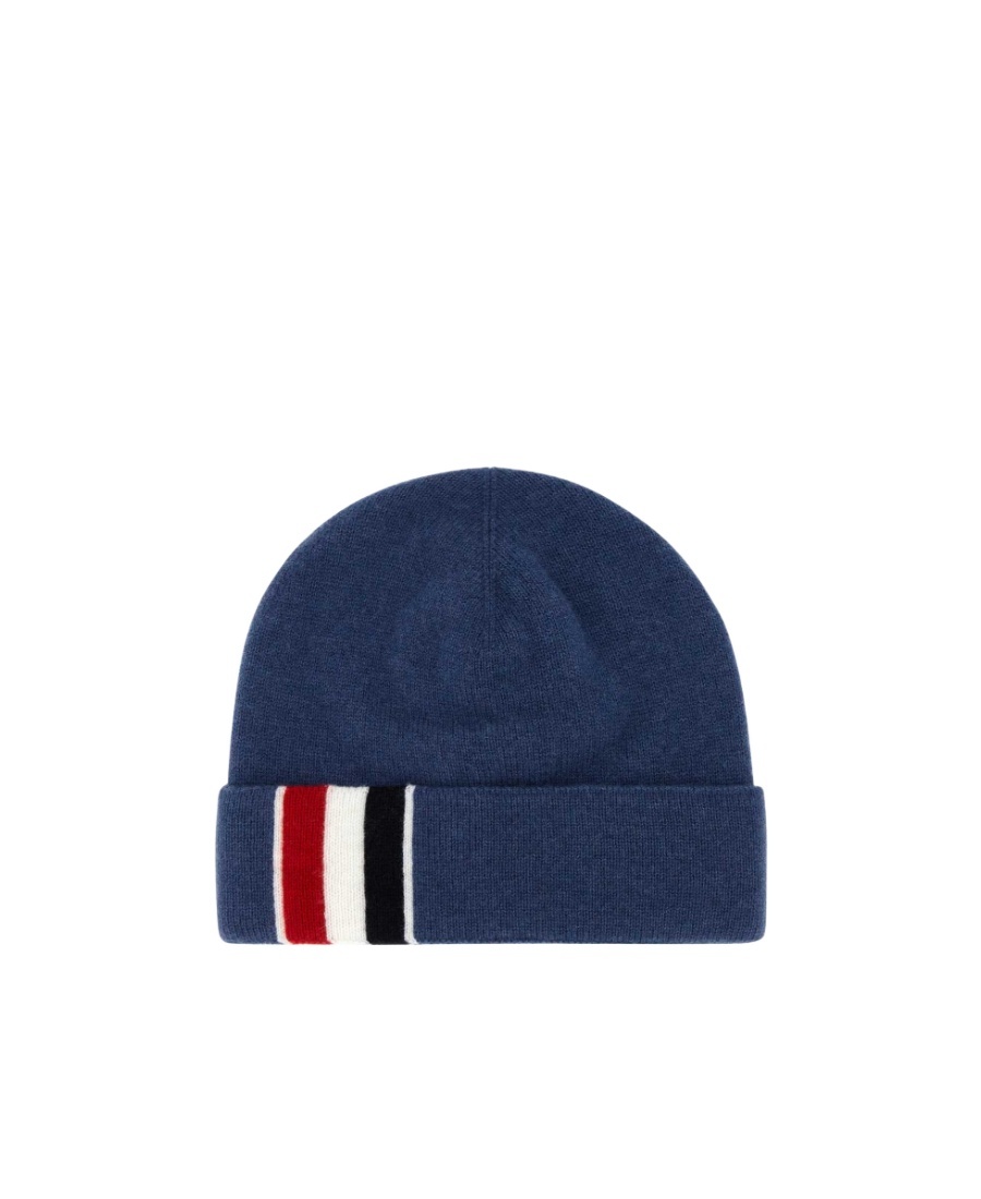 Thom Browne Virgin Wool Stripe-trim Beanie In Blue