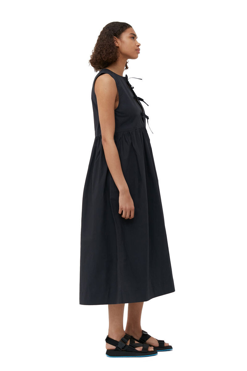 Ganni Tie String Poplin Dress In Black