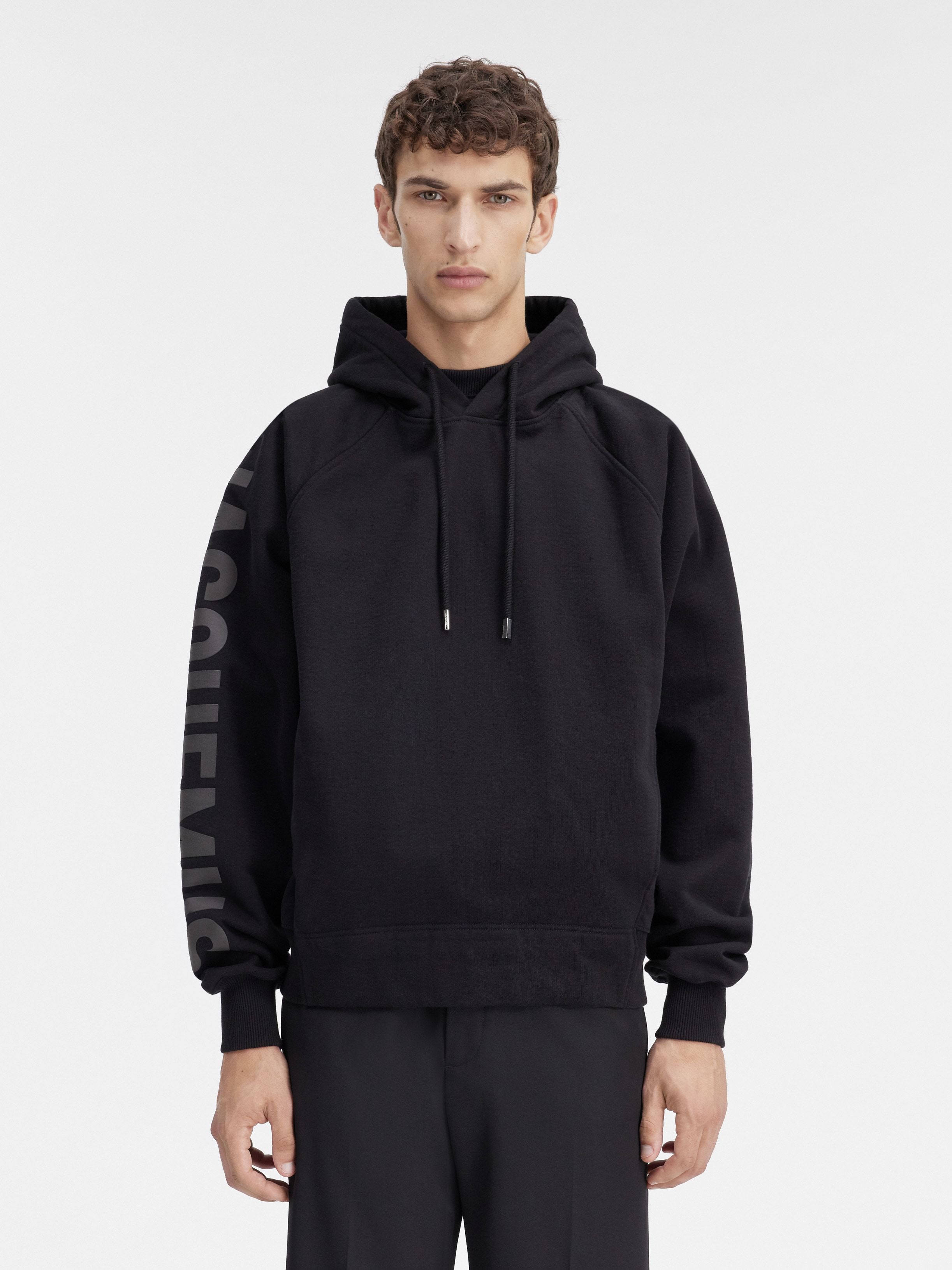 Jacquemus Hooded Typo Sweatshirt With Logoed Sleeve In Black