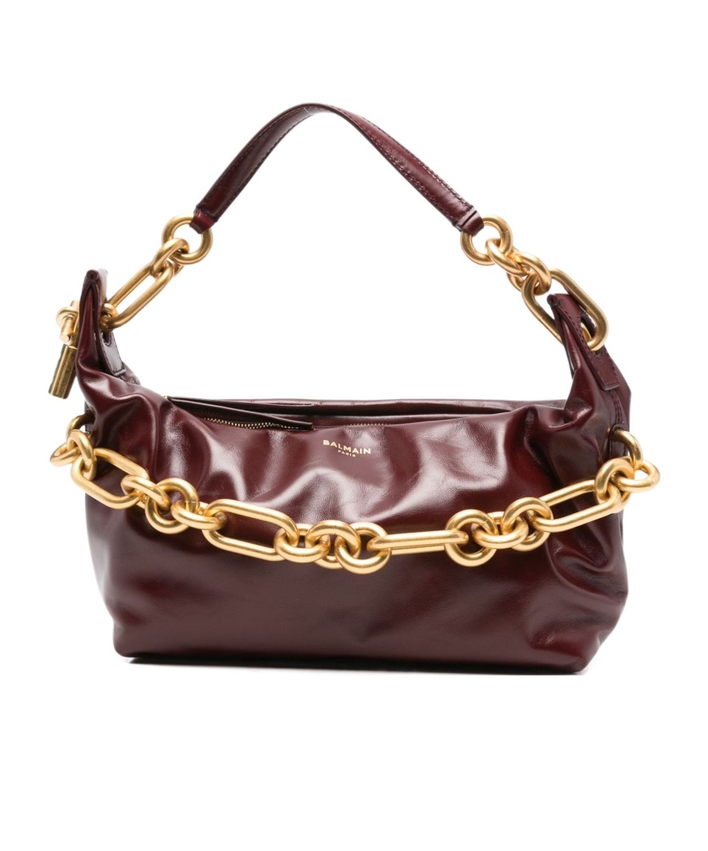 Balmain Medium Leather Shoulder Bag With Chain Strap In Burgundy