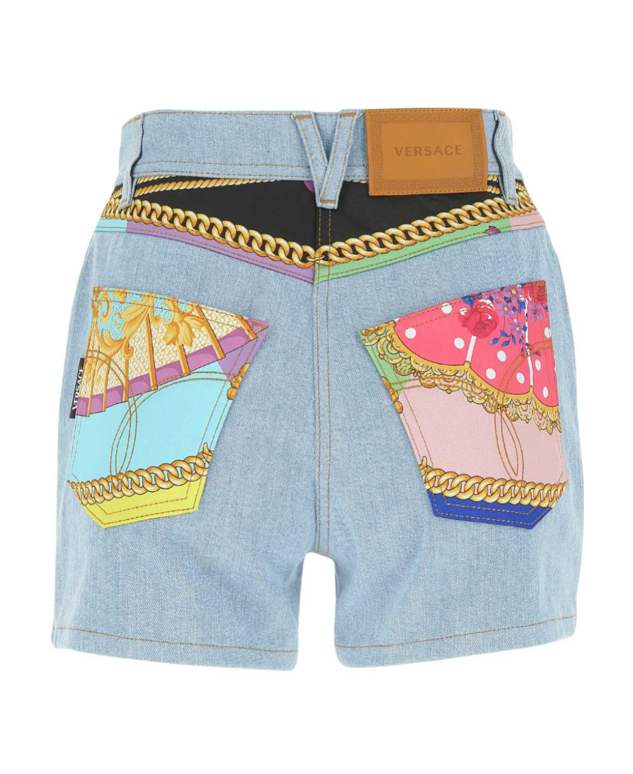 Versace I Ventagli Patchwork Denim Shorts In Blue