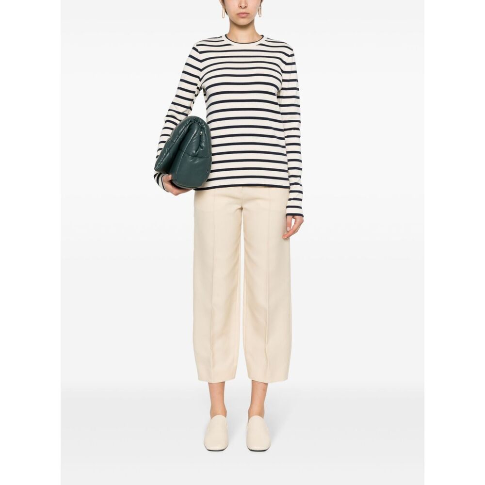 Jil Sander Fine Ribbed Off-white And Black Crew Neck Sweater In White
