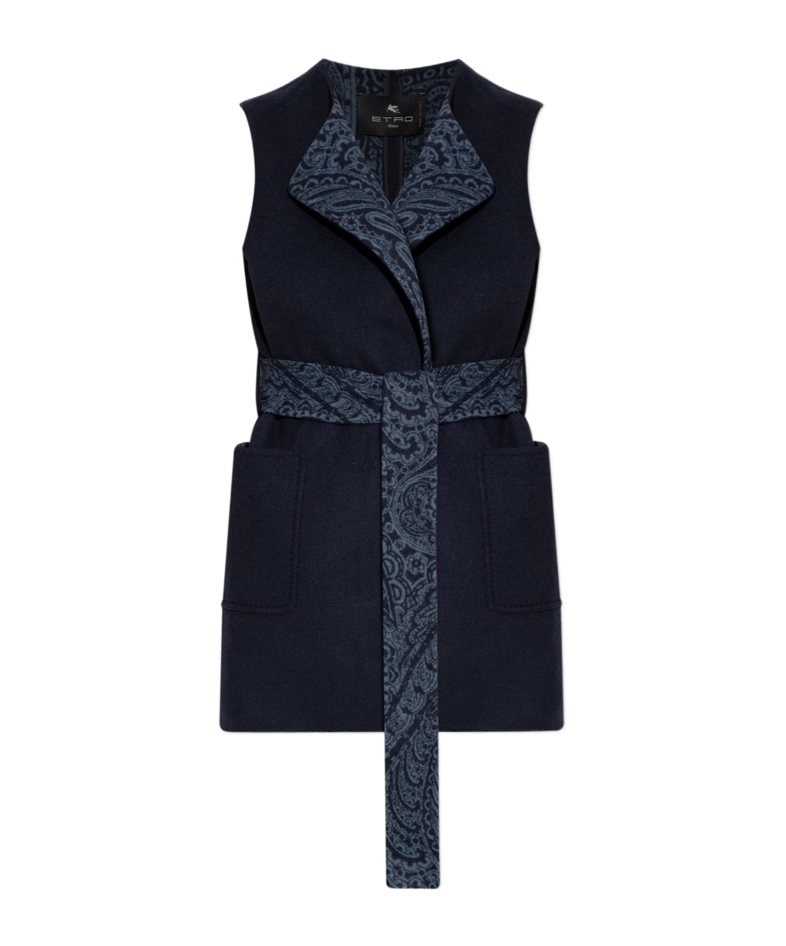 Etro Long Wool And Cashmere Jacquard Waistcoat In Blue