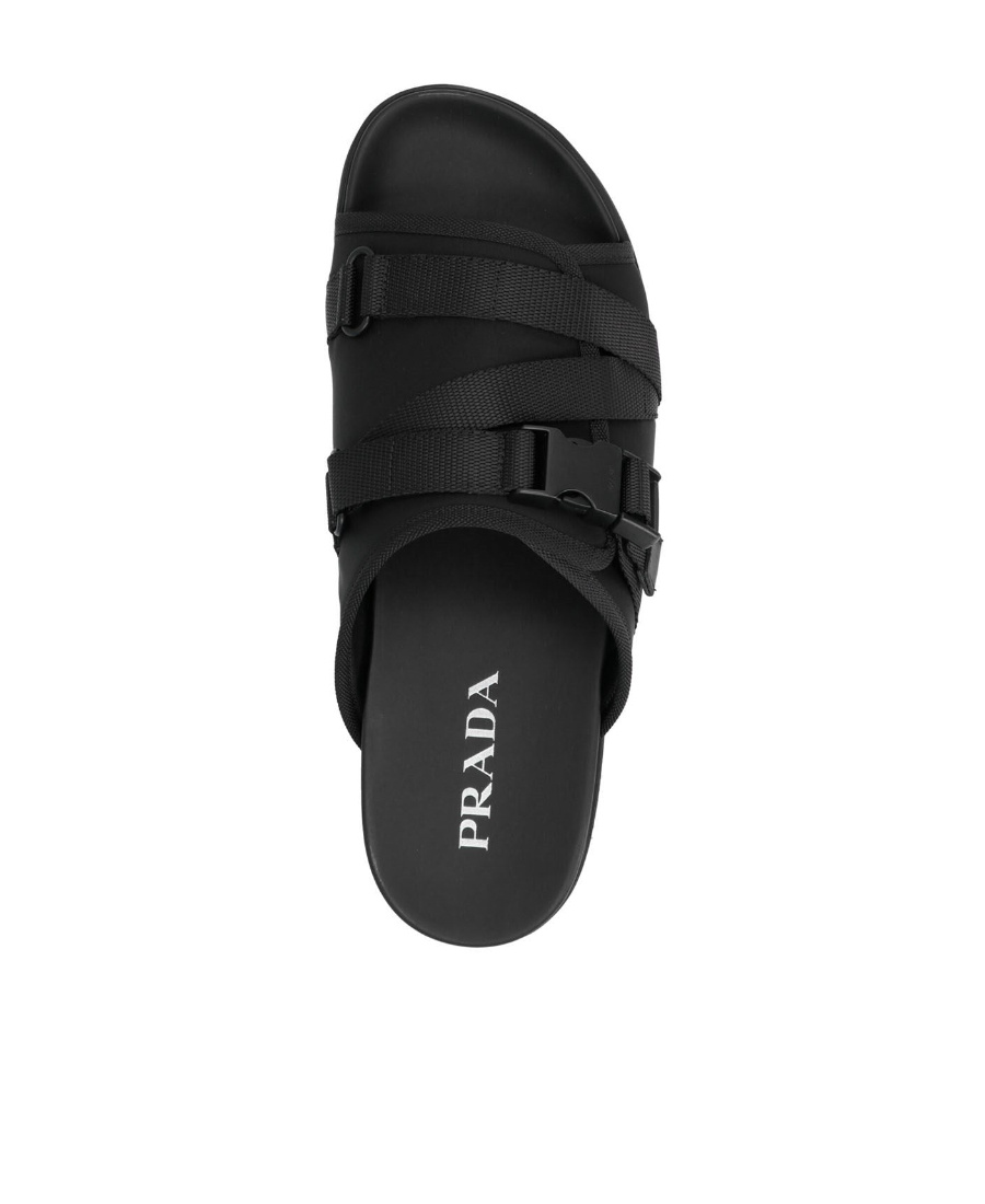 Shop Prada Tape Buckled Slide Sandals In Black