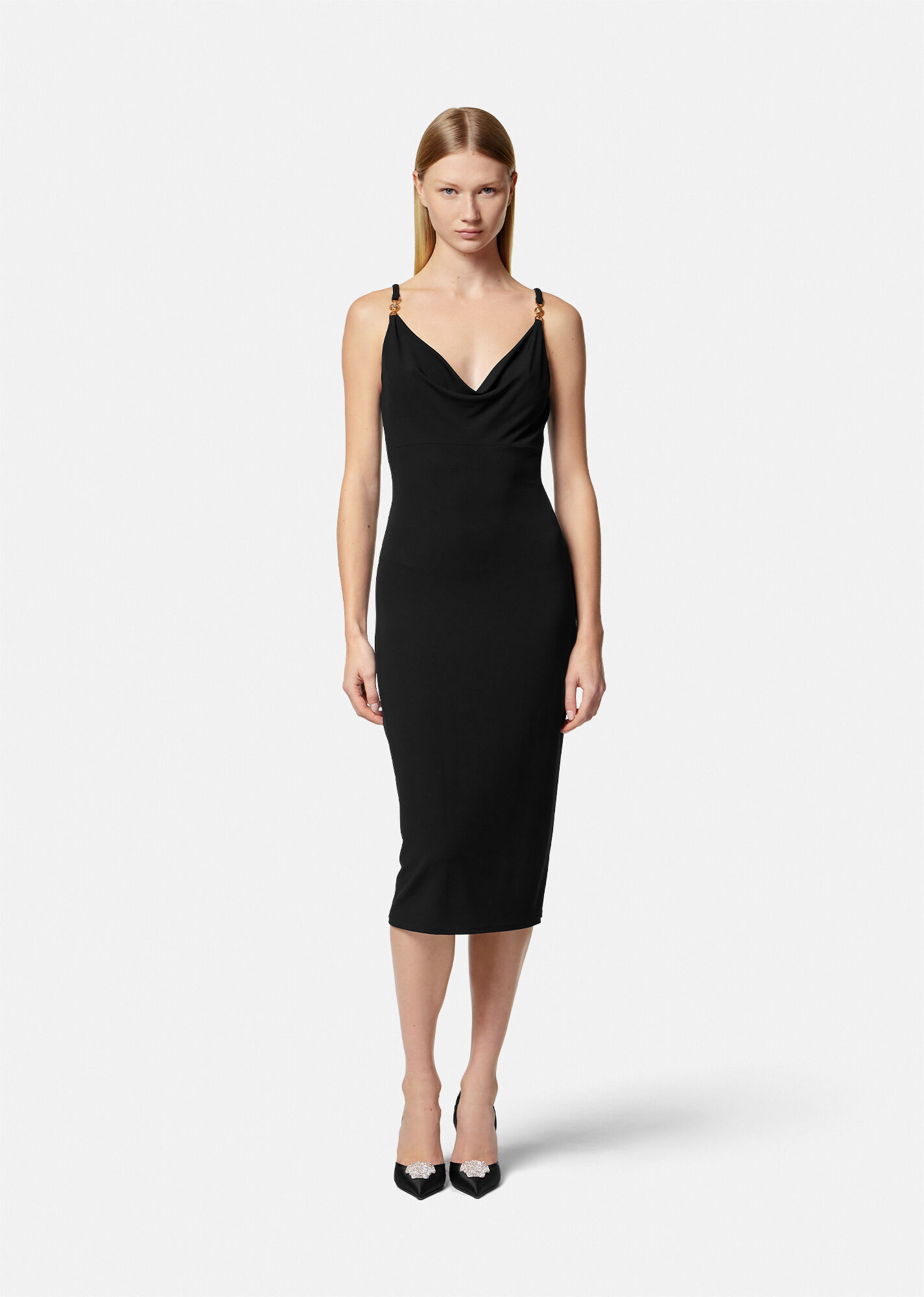 Versace Medusa Embellished La Greca Jacquard Knit Minidress In Black Technical