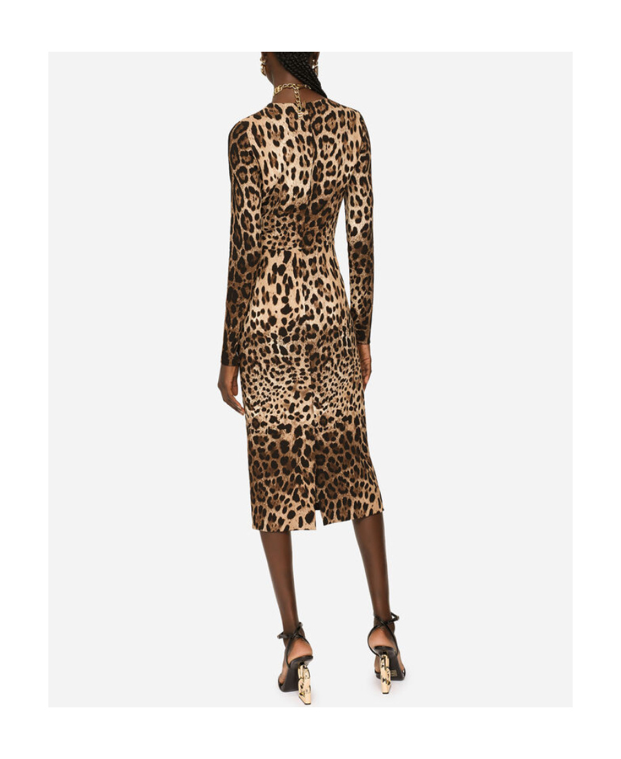 Dolce & Gabbana Leopard Print Long Sleeve Cady Midi Dress In Black