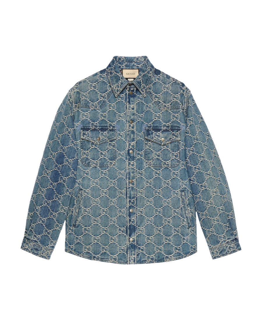 Gucci Gg Jacquard Denim Shirt In Blue/white | ModeSens