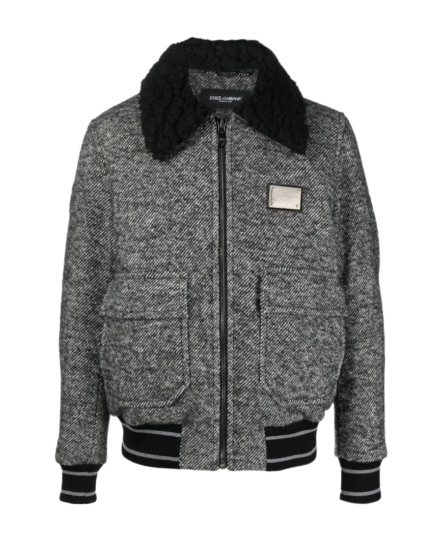 Dolce & Gabbana Herringbone Wool Jacket With Shearling Collar In Black