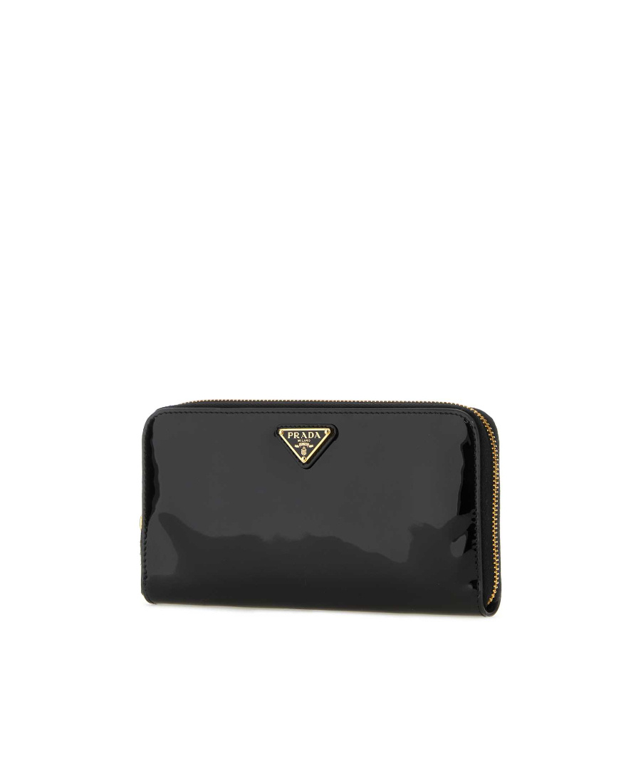 Prada Enamel Triangle Logo Leather Wallet In Black