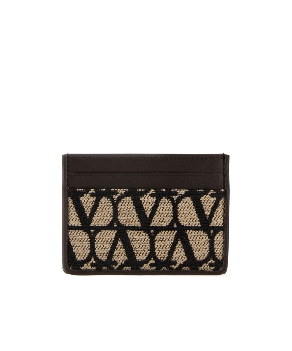 Valentino Iconographe Leather And Toile Card Holder In Black